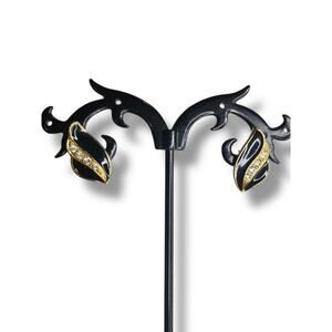 1980s 17mm Goldtone Black Post Pierced Earrings Rhinestone